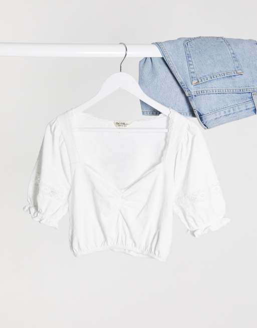 Miss Selfridge ruched front crochet trim top in white, 4 of 4