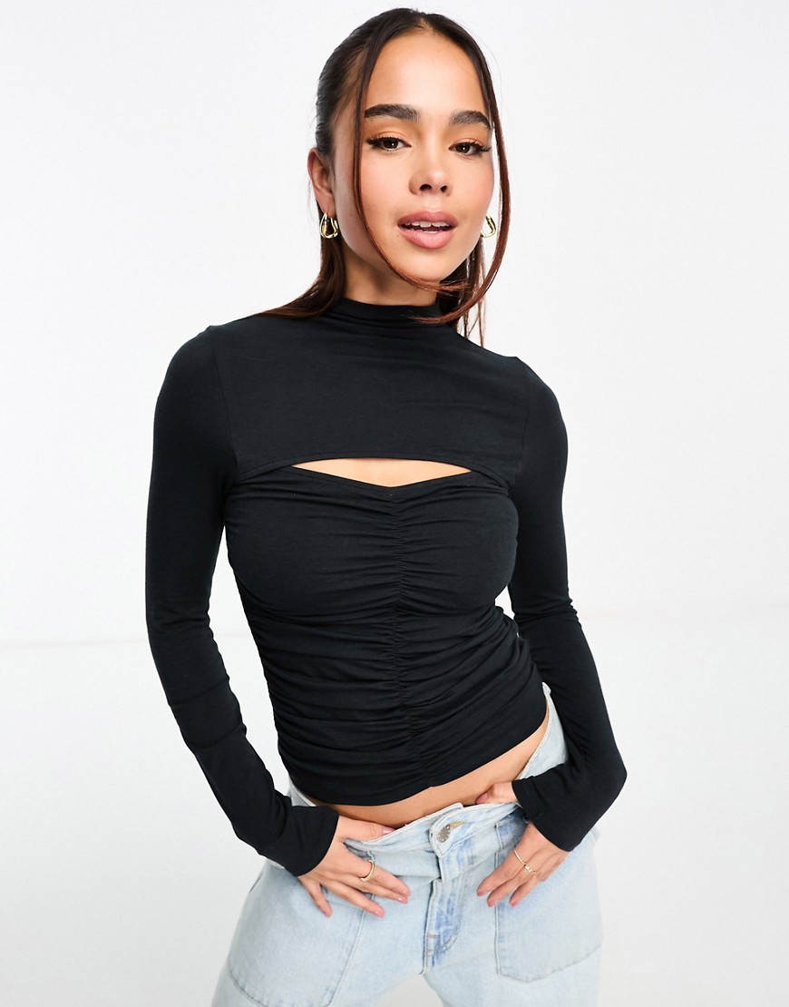 Miss Selfridge ruched front cut out long sleeve top in black-Grey
