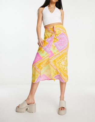 Miss Selfridge ruched front midi skirt in patchwork scarf print