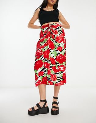 Miss Selfridge Ruched Front Midi Skirt In Zebra Floral-multi
