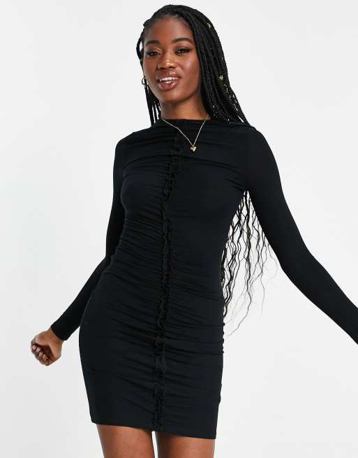 black chain embellished mini dress featuring ruched detailing