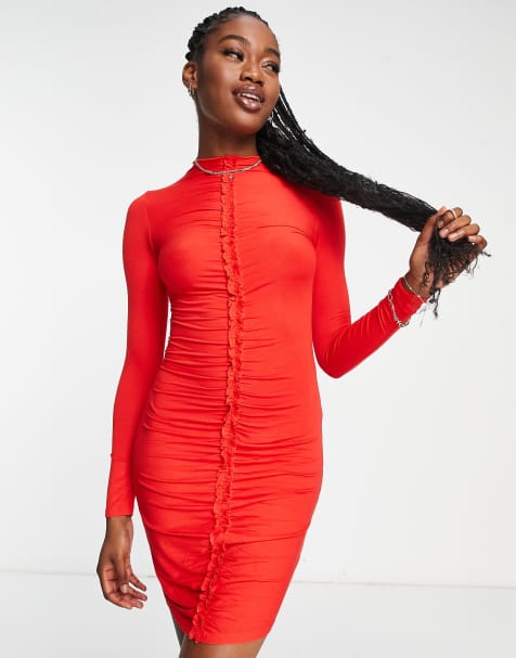 Red High Neck Bodycon Fitted Dress