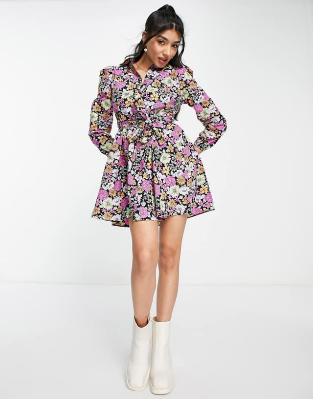 Miss Selfridge ruched front mini shirt dress in retro floral