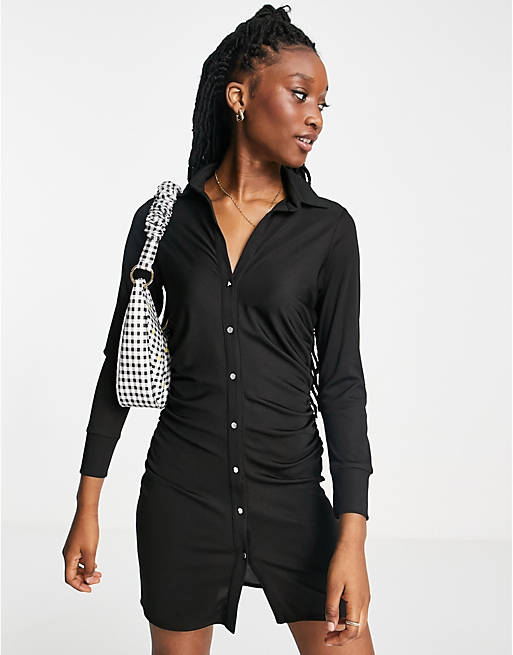 Dresses Miss Selfridge ruched front polo button down dress in black 
