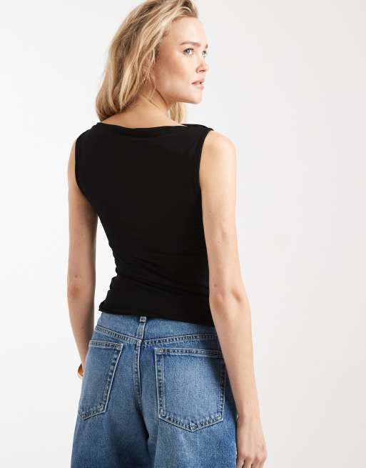 Miss Selfridge ruched front slash neck top in black, 4 of 4
