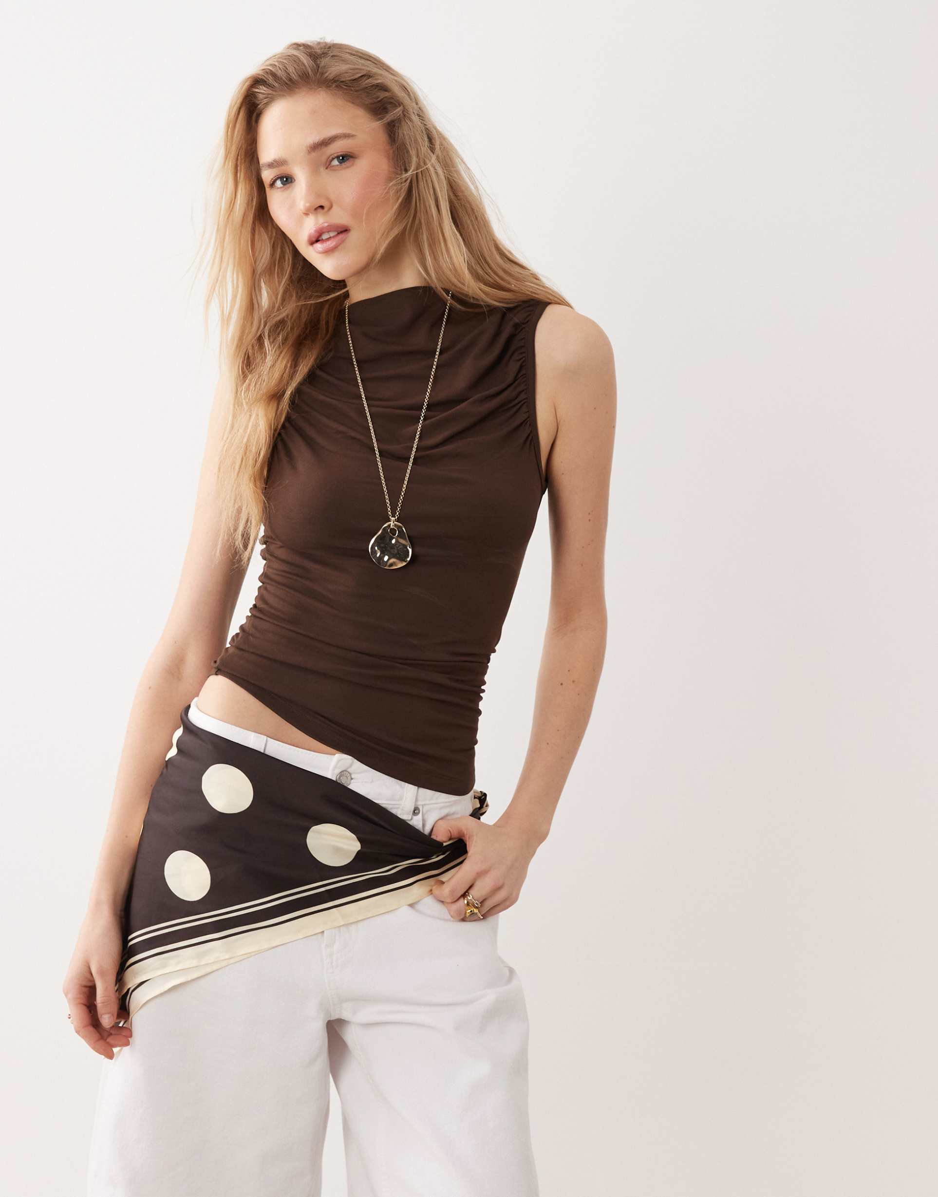 miss selfridge ruched front slash neck top in chocolate