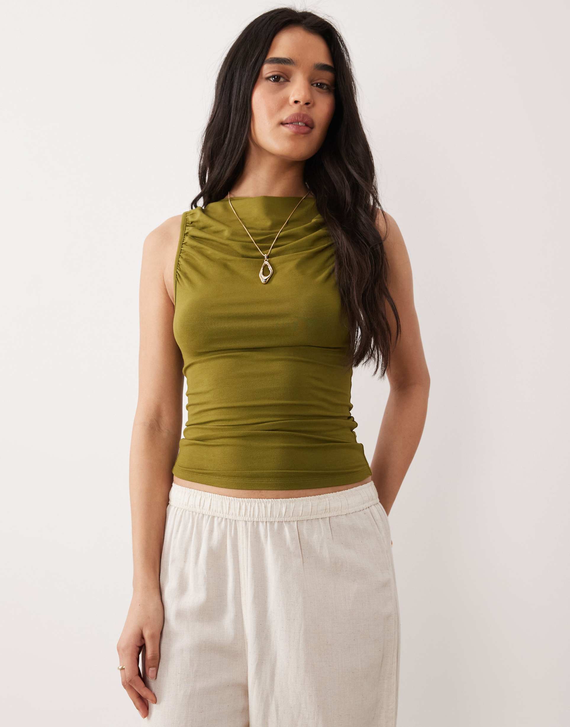 miss selfridge ruched front slash neck top in khaki green