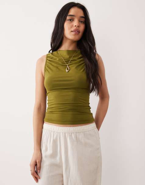 Miss Selfridge ruched front slash neck top in khaki