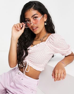 Miss Selfridge ruched front top in pink spot