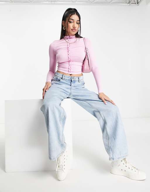 Miss Selfridge ruched funnel crop top in pink , 3 of 4