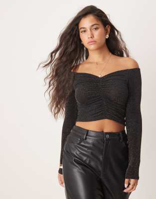 ruched gold glitter off the shoulder long sleeve top-Black