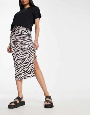 Miss Selfridge ruched midi skirt in zebra print