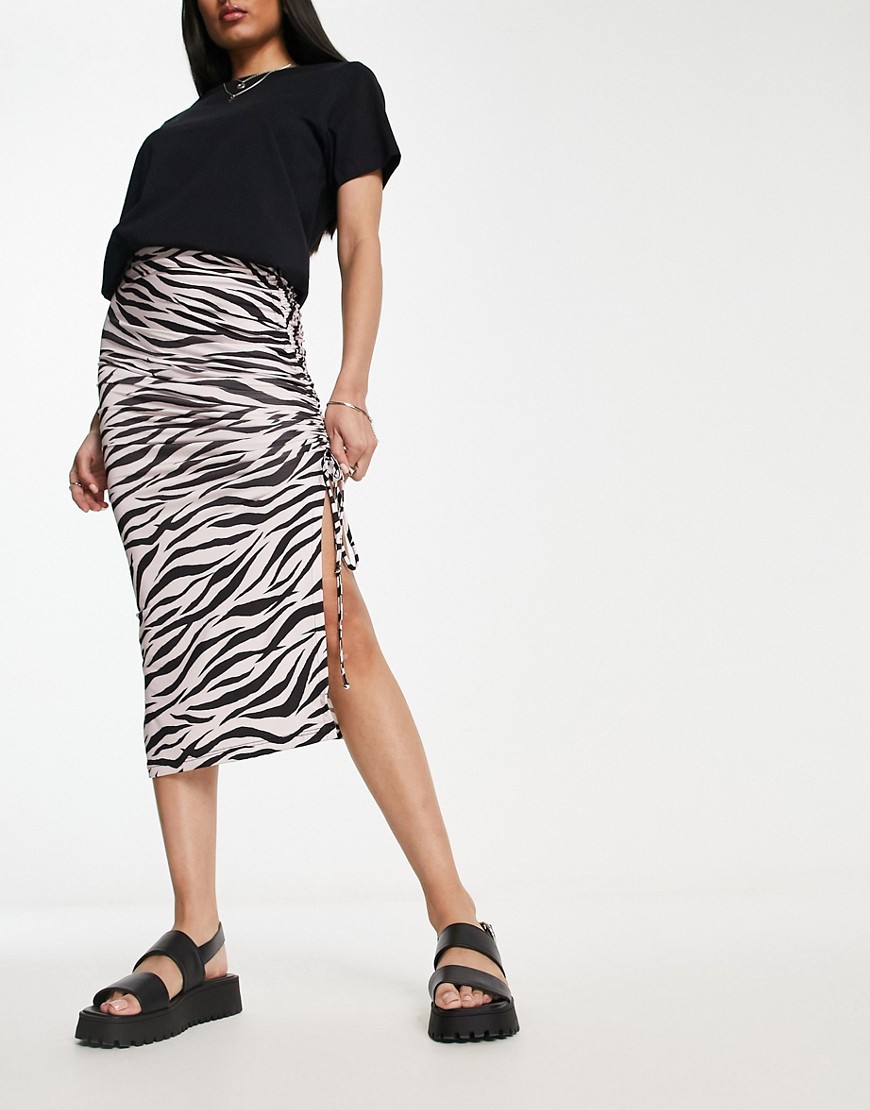 Miss Selfridge ruched midi skirt in zebra print-Multi