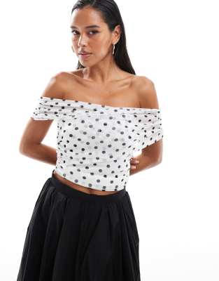 Miss Selfridge ruched off shoulder top in polka dot-Multi