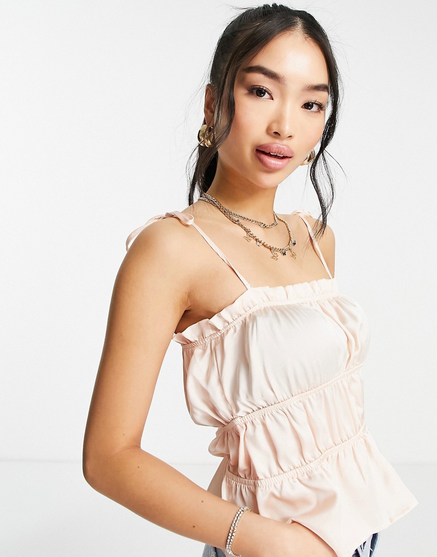 Miss Selfridge Ruched Satin Cami In Champagne-Pink