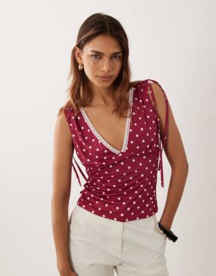 Miss Selfridge Ruched Shoulder V-neck Tank Top With Lace Trim In Pink
