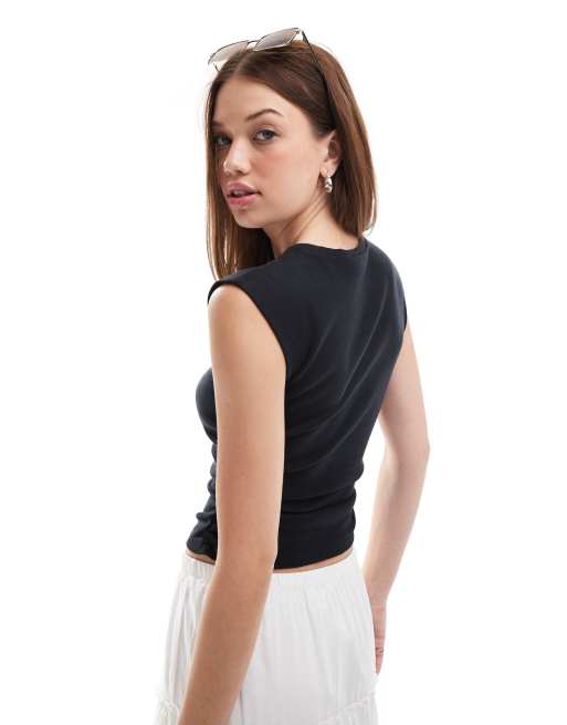 Miss Selfridge ruched side sleeveless T-shirt with horse graphic in charcoal, 4 of 4