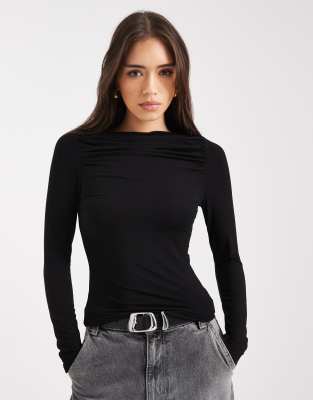 Miss Selfridge Ruched Slash Neck Top In Black