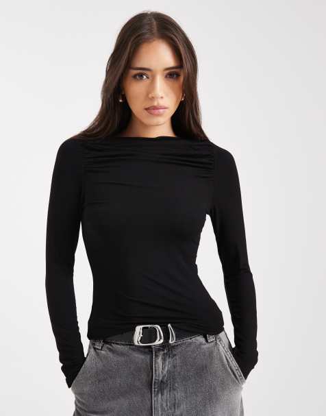 Miss Selfridge ruched slash neck top in black - view 1