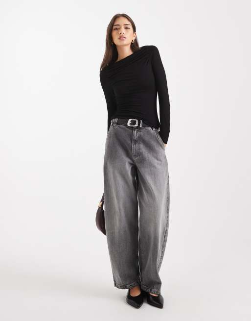 Miss Selfridge ruched slash neck top in black, 2 of 4