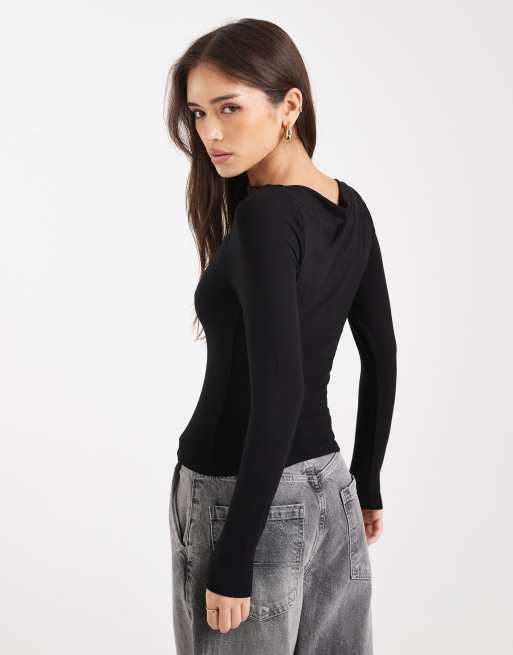 Miss Selfridge ruched slash neck top in black, 3 of 4