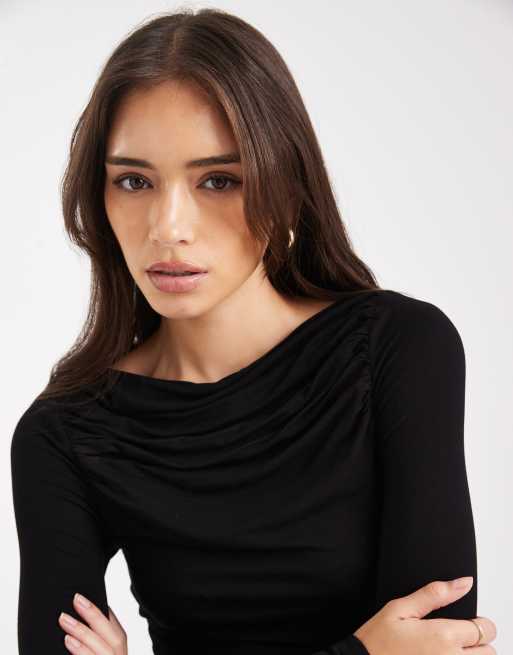Miss Selfridge ruched slash neck top in black, 4 of 4