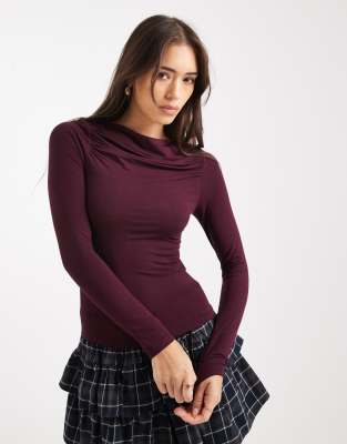 Miss Selfridge Ruched Slash Neck Top In Purple