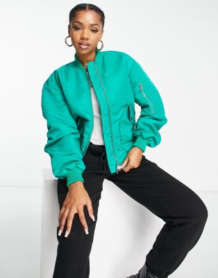 Miss Selfridge Ruched Sleeve Bomber Jacket In Bright Green