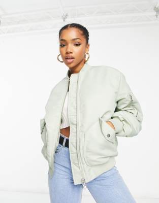 Miss Selfridge Ruched Sleeve Bomber Jacket In Sagegreen ModeSens