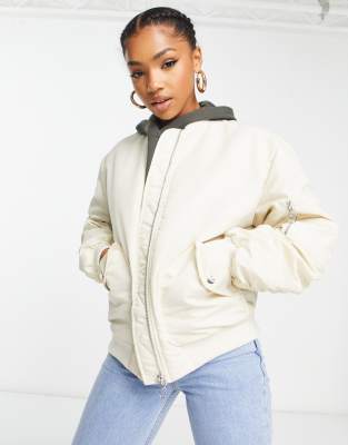 ruched sleeve bomber jacket in stone-Neutral