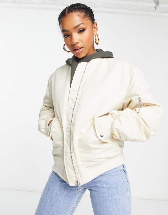 Miss Selfridge ruched sleeve bomber jacket in stone