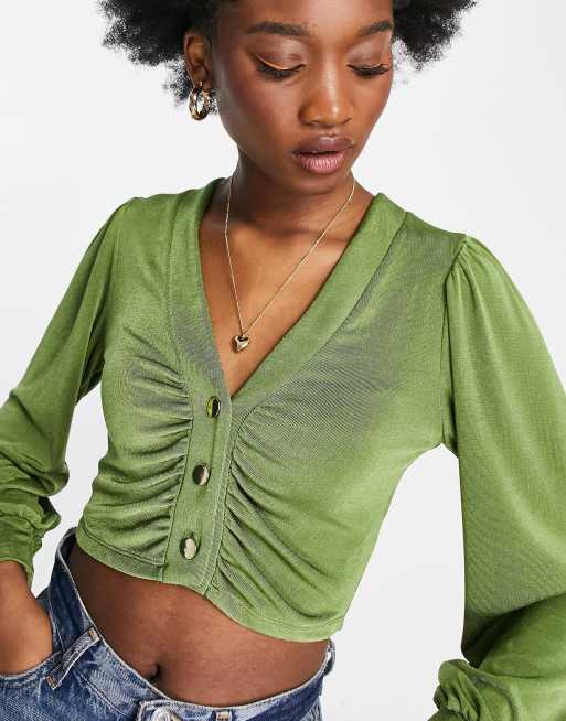 Miss Selfridge ruched slinky button through top in olive, 2 of 4