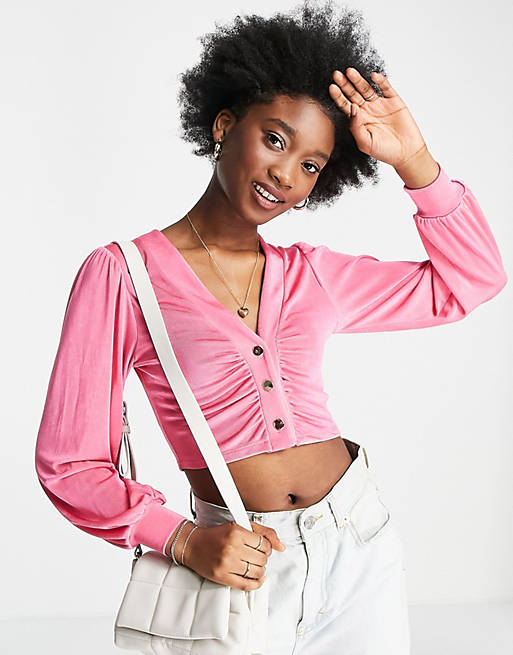 Tops Miss Selfridge ruched slinky button through top in pink 