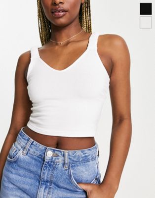 Miss Selfridge ruched strap v neck crop top 2 pack in black and white | ASOS