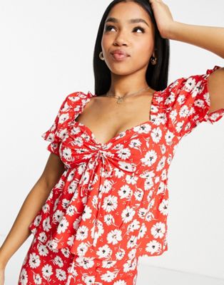 Miss Selfridge ruched tie front tea blouse in red floral