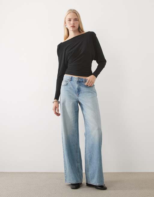Miss Selfridge ruched top with cowl back in black, 2 of 4