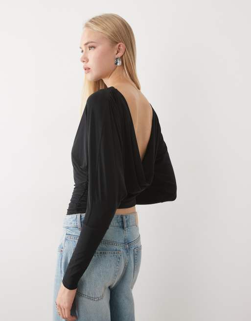 Miss Selfridge ruched top with cowl back in black, 3 of 4