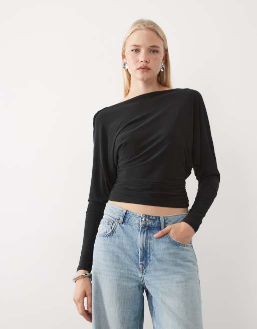 Miss Selfridge ruched top with cowl back in black, 4 of 4