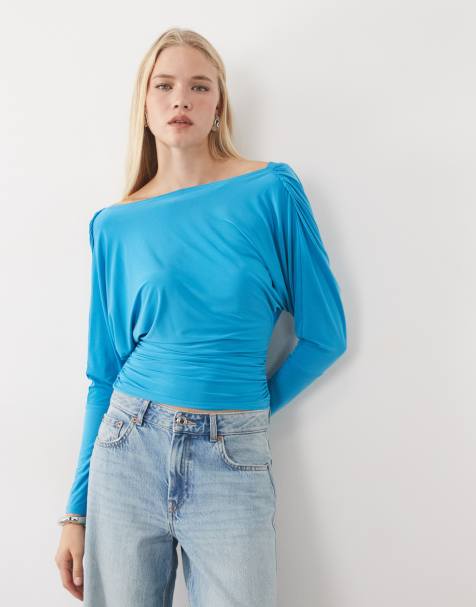 Miss Selfridge ruched top with cowl back in electric teal - view 1