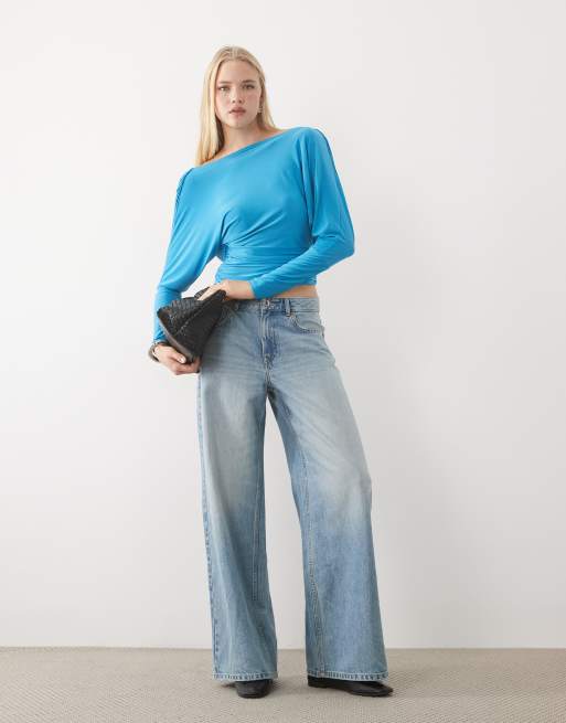 Miss Selfridge ruched top with cowl back in electric teal, 3 of 4