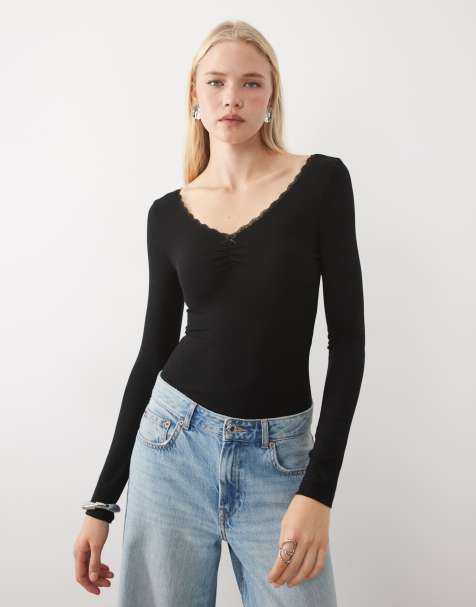 Miss Selfridge ruched v neck bodysuit with lace trim in black - view 1