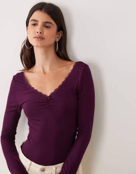 Miss Selfridge ruched v-neck bodysuit with lace trim in fig - view 1