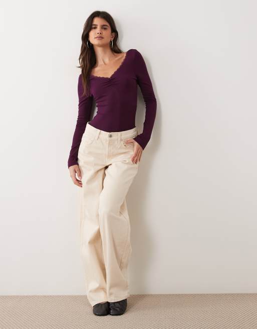 Miss Selfridge ruched v neck bodysuit with lace trim in fig, 3 of 4