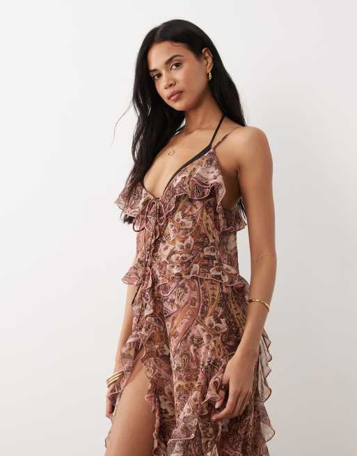 Miss Selfridge ruffle cami maxi beach cover up in paisley print, 3 of 4