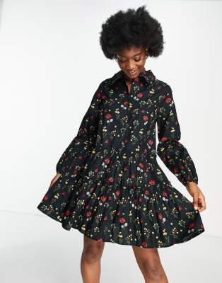 Miss Selfridge Ruffle Collar Shirt Dress In Sprig Floral Print-black
