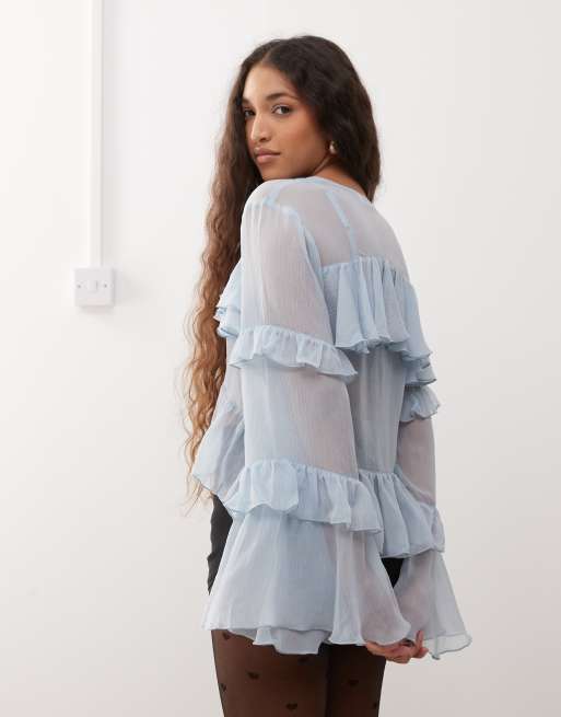 Miss Selfridge ruffle detail blouse in light blue, 4 of 4