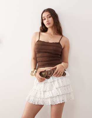 Miss Selfridge ruffle detail cami top in chocolate-Brown