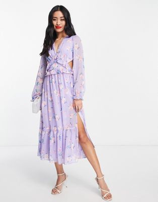 Miss Selfridge ruffle detail cut out midaxi dress in lilac floral - ASOS Price Checker