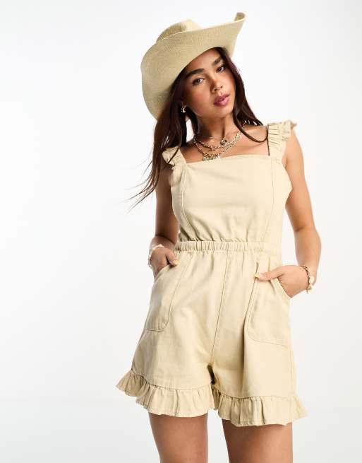 Miss Selfridge ruffle detail denim romper in cream , 4 of 4
