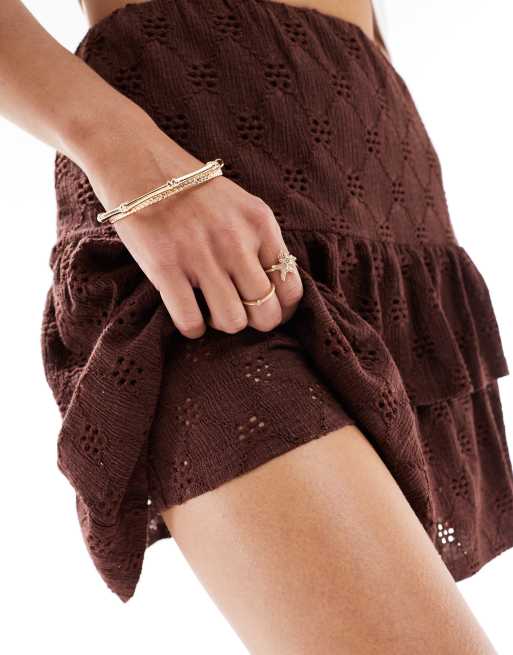 Miss Selfridge ruffle detail embroidered skort in chocolate, 3 of 5